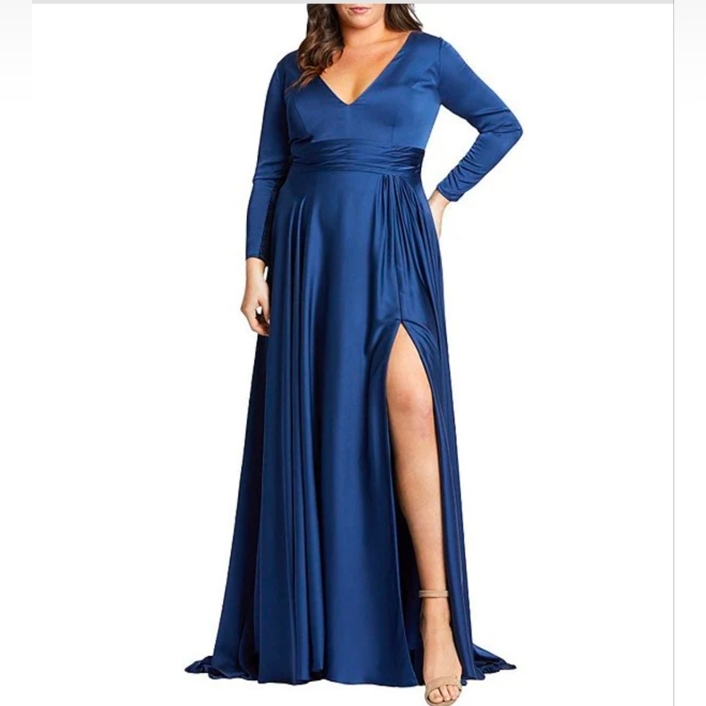Ieena For Mac Duggal Sz 14 Satin V-Neck Long Sleeve Side Slit A-Line Gown NWOT